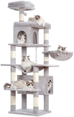 Arbre à Chat Multi-Étagé 178cm, Gris Clair, avec 8 Colonnes à Griffer