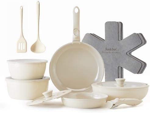 Batterie de Cuisine Antiadhésive en Céramique, Lot de 16, Blanc, Poignée Amovible