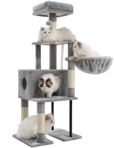 Arbre à Chat 125 cm avec Niche et Griffoir en Sisal, Gris Clair