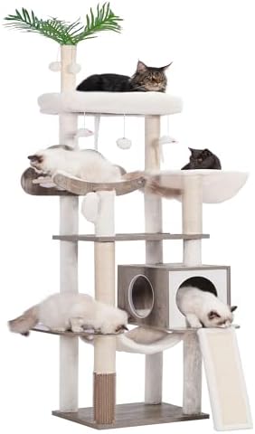 Arbre à Chat Moderne en Bois, Gris Rustique, 156 cm, avec Griffoirs et Hamac