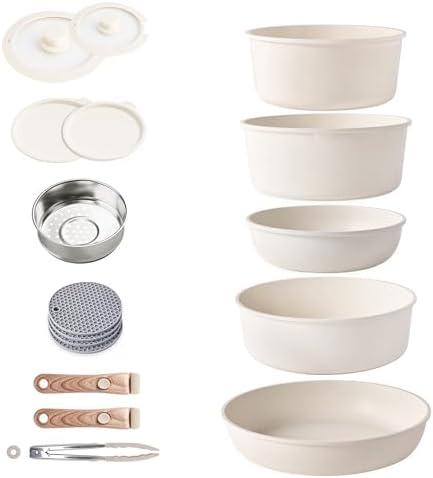 Batterie de Cuisine Induction Antiadhésive Granit, Poignées Détachables, Beige