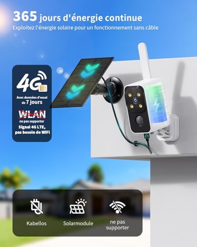 Caméra de Surveillance Solaire 4G LTE, 180° Extérieure, Blanc