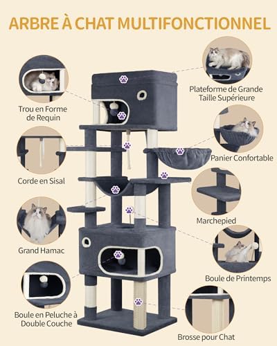 Tour de Jeux pour Chats 178 cm, Arbre à Chat XL, Gris Foncé avec Niches et Griffoirs