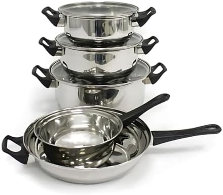 Batterie de Cuisine à Induction 8 Pièces en Acier Inoxydable avec Couvercles en Verre