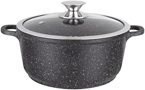 KAMBERG Faitout en Fonte d'Aluminium 28 cm, Revêtement Type Pierre, Couvercle en Verre, Induction