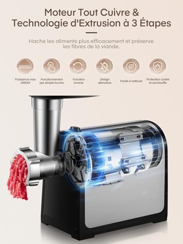 FOHERE Hachoir à Viande Électrique Professionnel, 3 en 1, 2000W Max, Acier Inoxydable