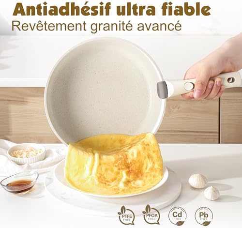 Set de Batterie de Cuisine Antiadhésif 17 Pièces, Blanc, Poignées Amovibles