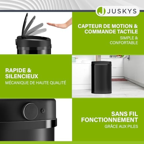 Juskys Poubelle Automatique 50L, Détecteur de Mouvement, Noir, Couvercle Électrique