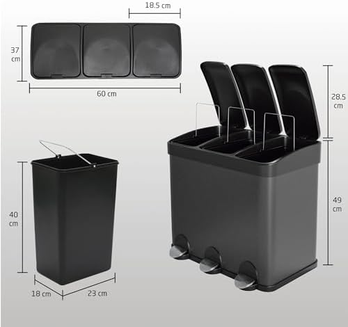 Amig Poubelle Triple avec Pédales, 45L, 3 Compartiments Amovibles, Noir Mat