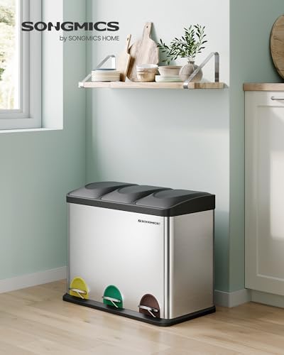 SONGMICS Poubelle de Cuisine Triple, 45L, Acier, 3 x 15L, Argent