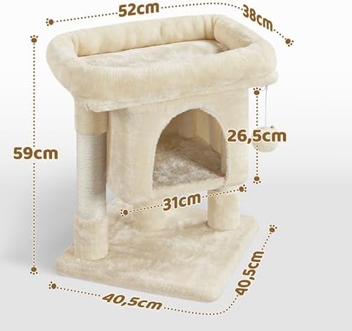Arbre à Chat Design avec Niche et Plate-Forme, Beige, Hauteur 59cm