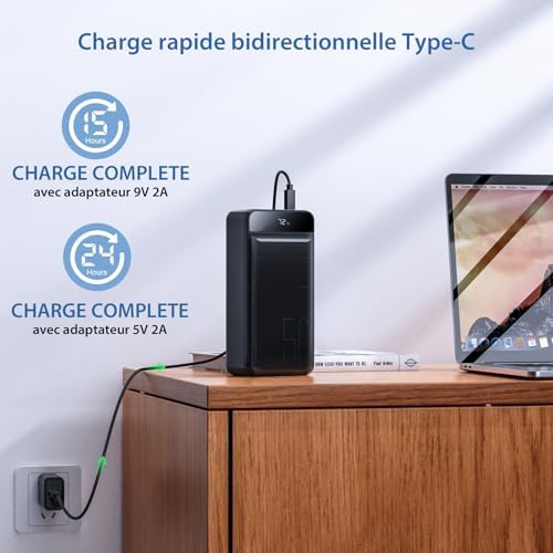 Batterie Externe 50000mAh avec Charge Rapide, Écran LED et Lampe de Poche