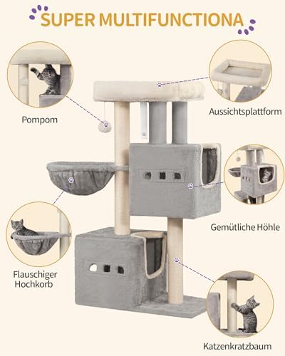 Arbre à Chat 98 cm avec Niches et Griffoir Sisal, Gris Clair