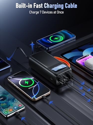 Batterie Externe 50000mAh Power Bank, Charge Rapide 30W avec Câbles Intégrés et Écran LED