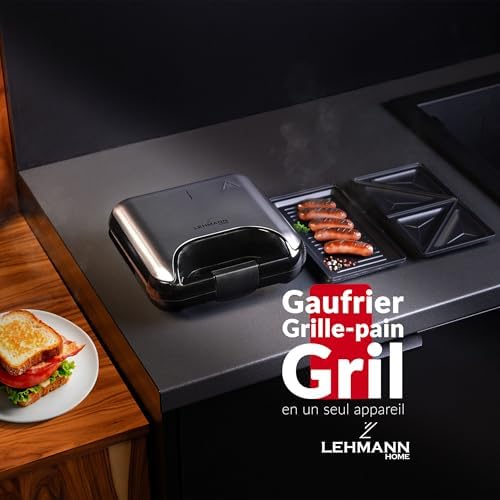 LEHMANN Appareil à Croque Monsieur 3 en 1 LHOSA-0812, Plaques Interchangeables, 800W