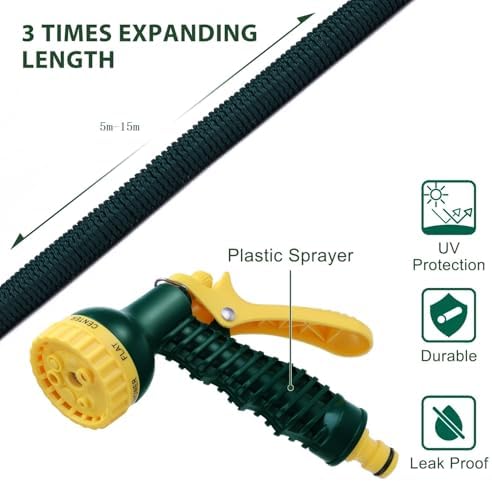 Tuyau d'Arrosage Extensible 15m avec Pistolet Multifonctionnel, Vert