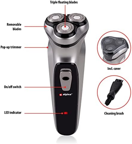 alpina Rasoir Électrique Homme USB, 3 Têtes Flottantes, Tondeuse Pop-Up, Argenté/Noir
