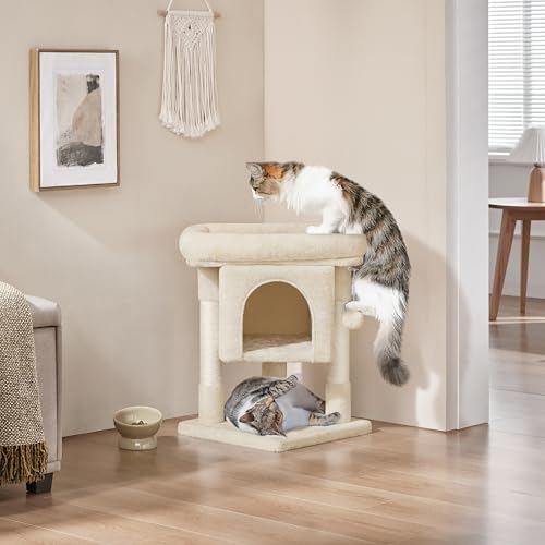 Arbre à Chat Design avec Niche et Plate-Forme, Beige, Hauteur 59cm