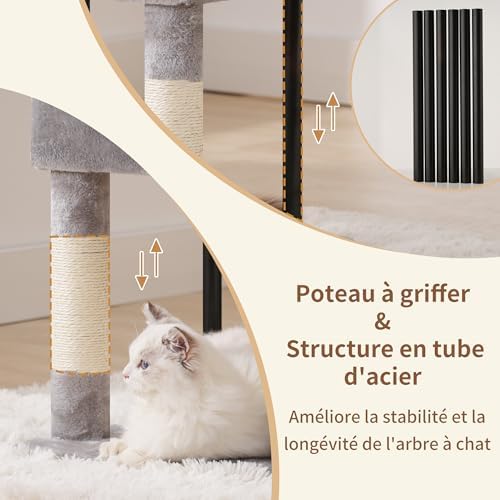 Arbre à Chat 125 cm avec Niche et Griffoir en Sisal, Gris Clair