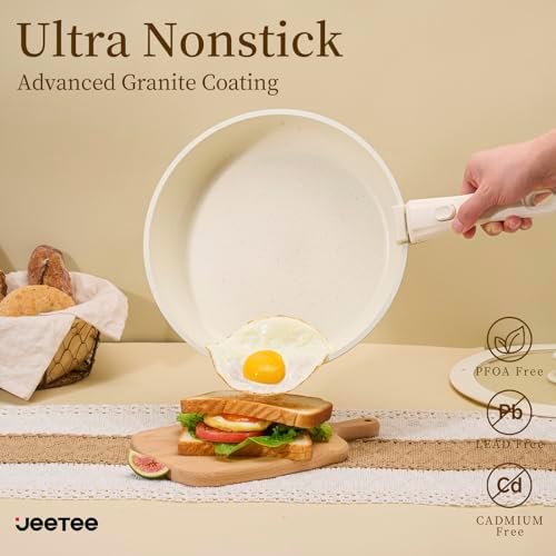 Batterie de Cuisine Antiadhésive 17 Pièces, Beige, Poignée Amovible