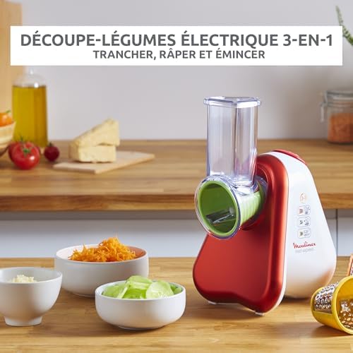 Moulinex Râpe Légumes Électrique DJ7535, 3-en-1, Rouge Rubis, 150W