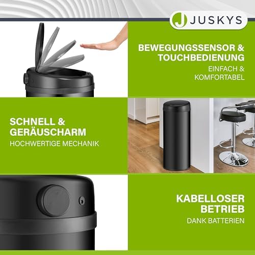 Juskys Poubelle Automatique 50L, Capteur de Mouvement, Couvercle Étanche, Noir