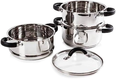 TOWER Cuiseur Vapeur à Induction, 3 Étages, Inox, 18 cm, Argenté