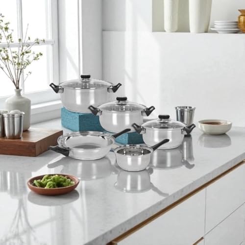 Batterie de Cuisine à Induction 8 Pièces en Acier Inoxydable avec Couvercles en Verre
