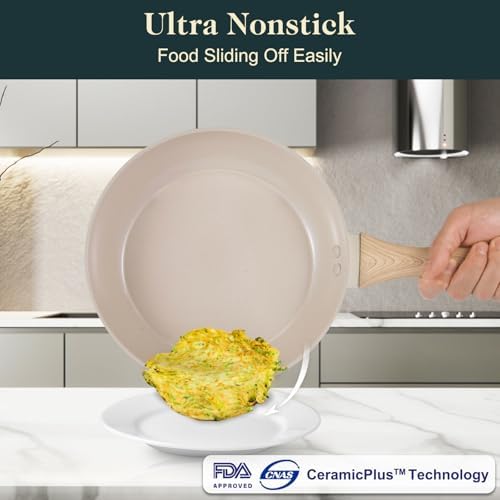 Set de Batterie de Cuisine Antiadhésif en Céramique, Crème, 11 Pièces