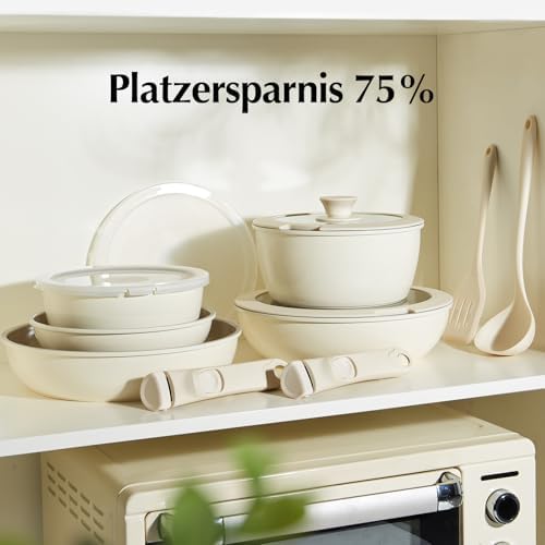 Batterie de Cuisine Antiadhésive en Céramique, Lot de 16, Blanc, Poignée Amovible