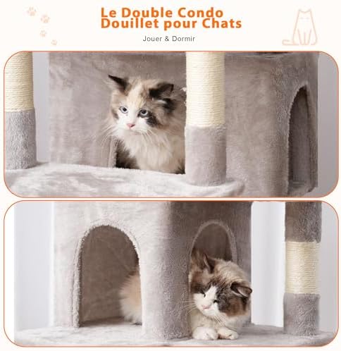 Arbre à Chat Multi-Étagé 178cm, Gris Clair, avec 8 Colonnes à Griffer