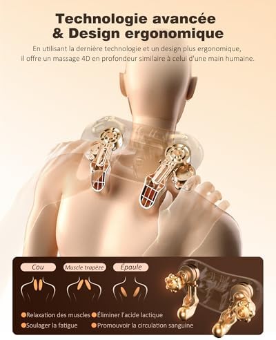Masseur Shiatsu 4D Chauffant, Masseur Cervical Sans Fil, Relaxation Dos et Cou