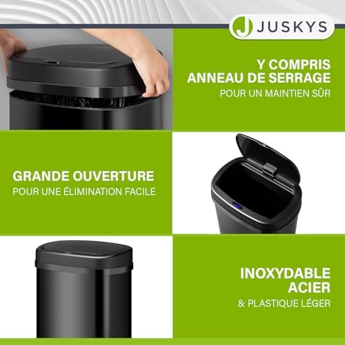 Juskys Poubelle Automatique 50L, Détecteur de Mouvement, Noir, Couvercle Électrique