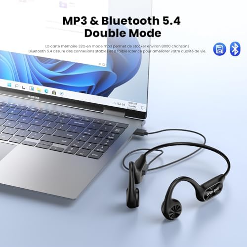 Casque Conduction Osseuse Bluetooth 5.4 avec Mémoire MP3 32Go, Étanche IPX8