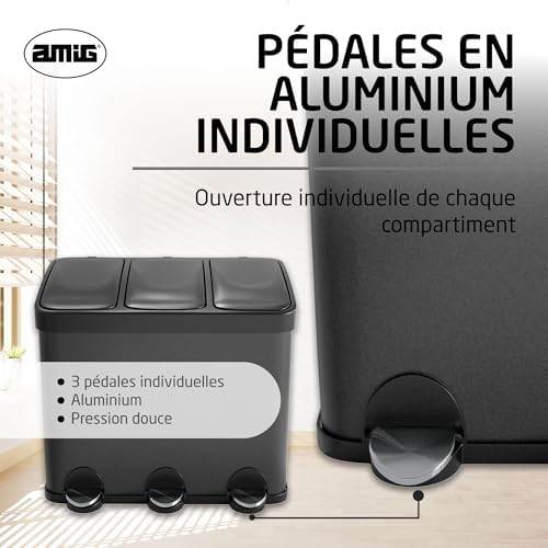 Amig Poubelle Triple avec Pédales, 45L, 3 Compartiments Amovibles, Noir Mat