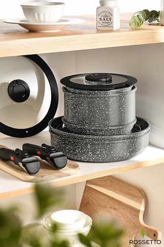 Batterie de Cuisine Induction avec Revêtement Céramique, Gris Cendré, 16 Pièces