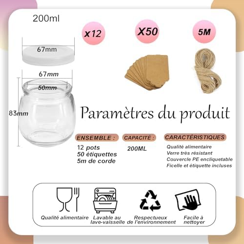 Pots à Dessert Étanches Petit pot en verre, 200ml, Lot de 12
