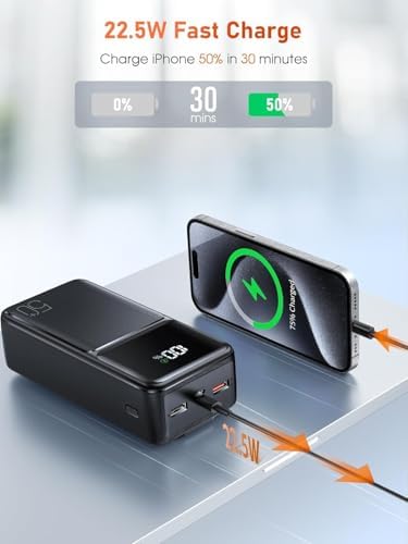 Batterie Externe 50000mAh, Charge Rapide PD 22.5W avec Câbles Intégrés
