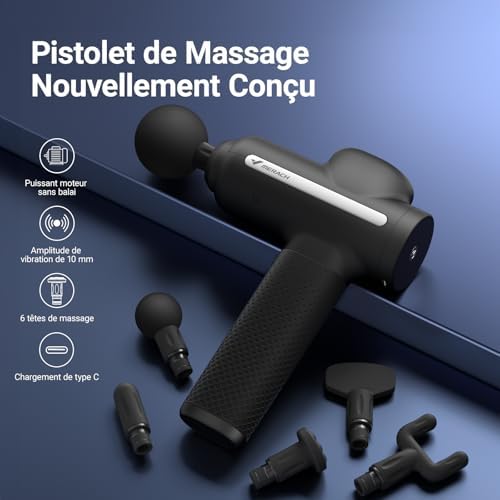 MERACH Pistolet de Massage Électrique, Modèle M019, 6 Têtes Réglables, 5 Vitesses