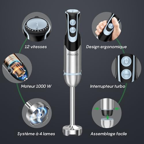 Fresko Mixeur Plongeur 4-en-1 HB3302, 1000W, 12 Vitesses, Acier Inoxydable