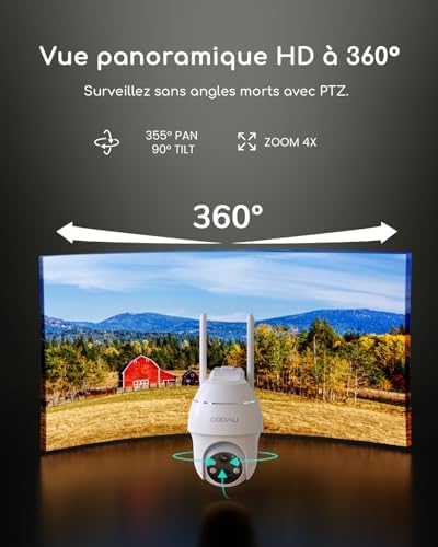 Caméra Solaire 4G LTE Extérieure, 360° PTZ, Vision Nocturne Couleur