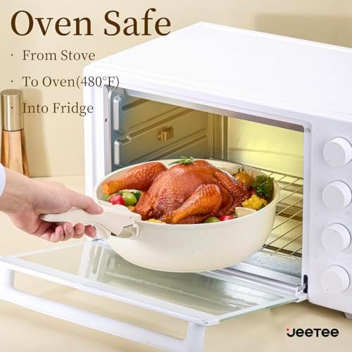 Batterie de Cuisine Antiadhésive 17 Pièces, Beige, Poignée Amovible
