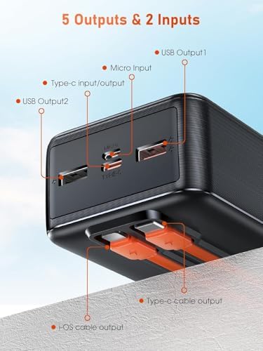 Batterie Externe 50000mAh, Charge Rapide PD 22.5W avec Câbles Intégrés