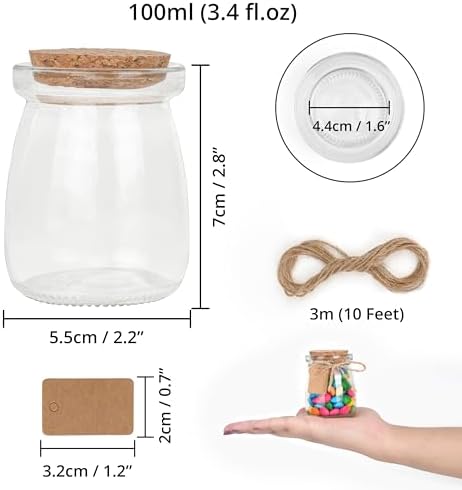 Mini Fiole en Verre 100 ml avec Bouchon Liège, Lot de 24, Petit Pot en Verre pour Cadeaux de Mariage