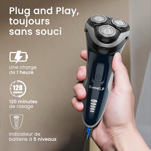 SWEETLF Rasoir Électrique Homme SWS7105, Rechargeable Wet & Dry, 3D Têtes Rotatives, 120 min Autonomie, Bleu Foncé