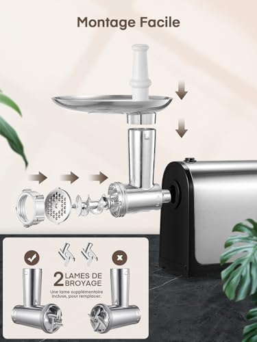 FOHERE Hachoir à Viande Électrique Professionnel, 3 en 1, 2000W Max, Acier Inoxydable