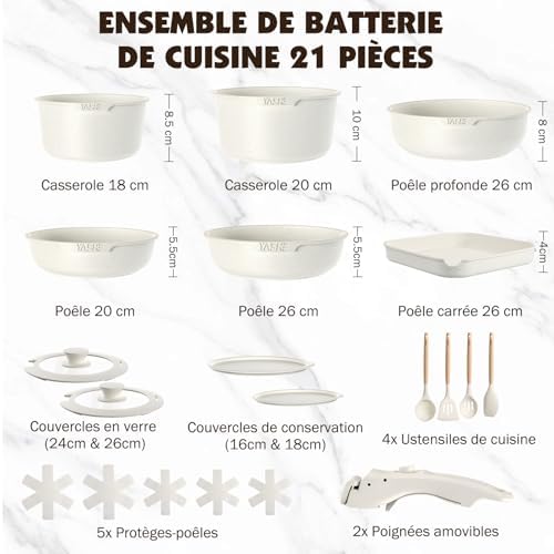 Ensemble Antiadhésif Batterie de Cuisine 21 Pièces, Blanc, Poignées Amovibles