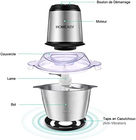homeasy Hachoir Électrique 350W, Modèle HE-06-1, Bol Acier Inox 2L, 4 Lames Amovibles