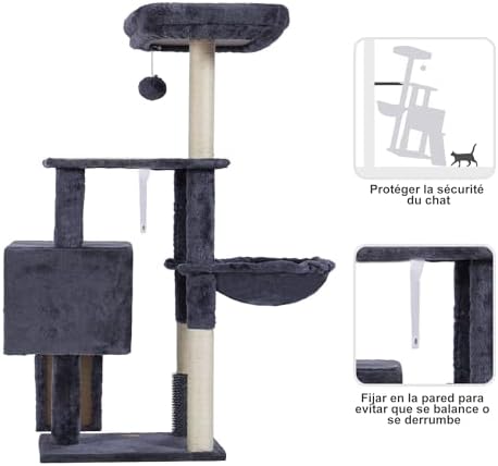 Arbre à Chat Robuste avec Brosse de Nettoyage, Gris Foncé, 80cm