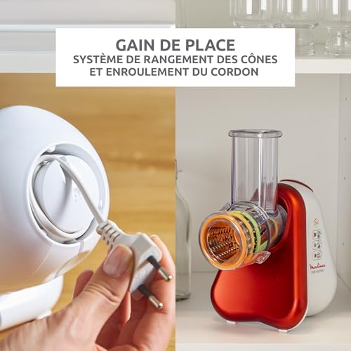 Moulinex Râpe Légumes Électrique DJ7535, 3-en-1, Rouge Rubis, 150W